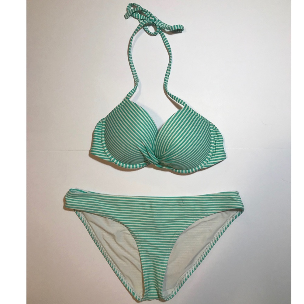 Aerie Stripped Wire Bikini Top Bottoms Green White